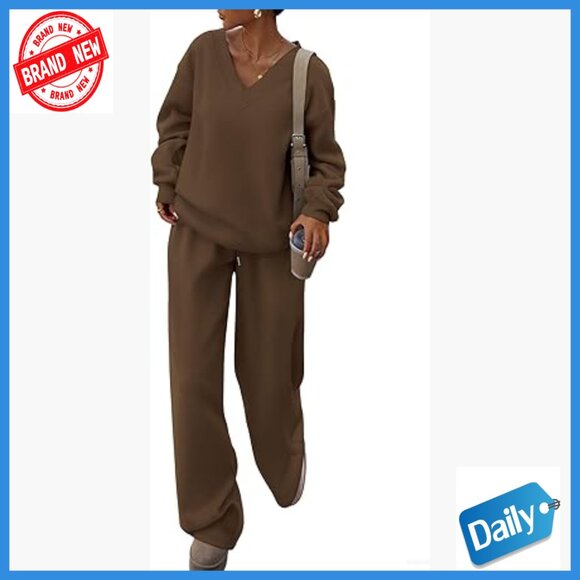Long Sleeve V-Neck Sweatsuit Set with Wide Leg Pants Size Small